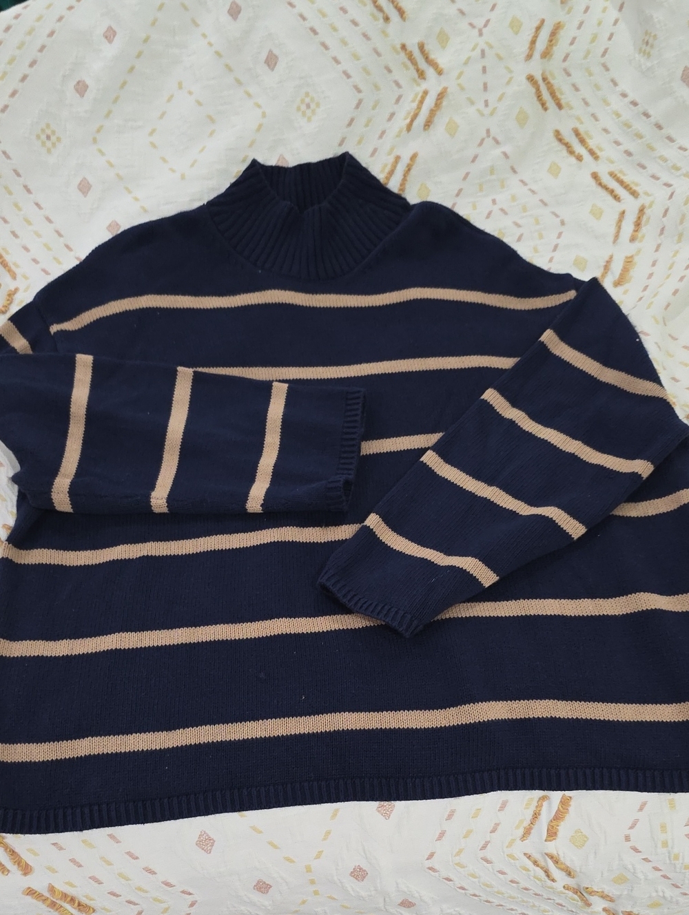 Gap Navy Blue and Tan Striped Turtleneck Sweater